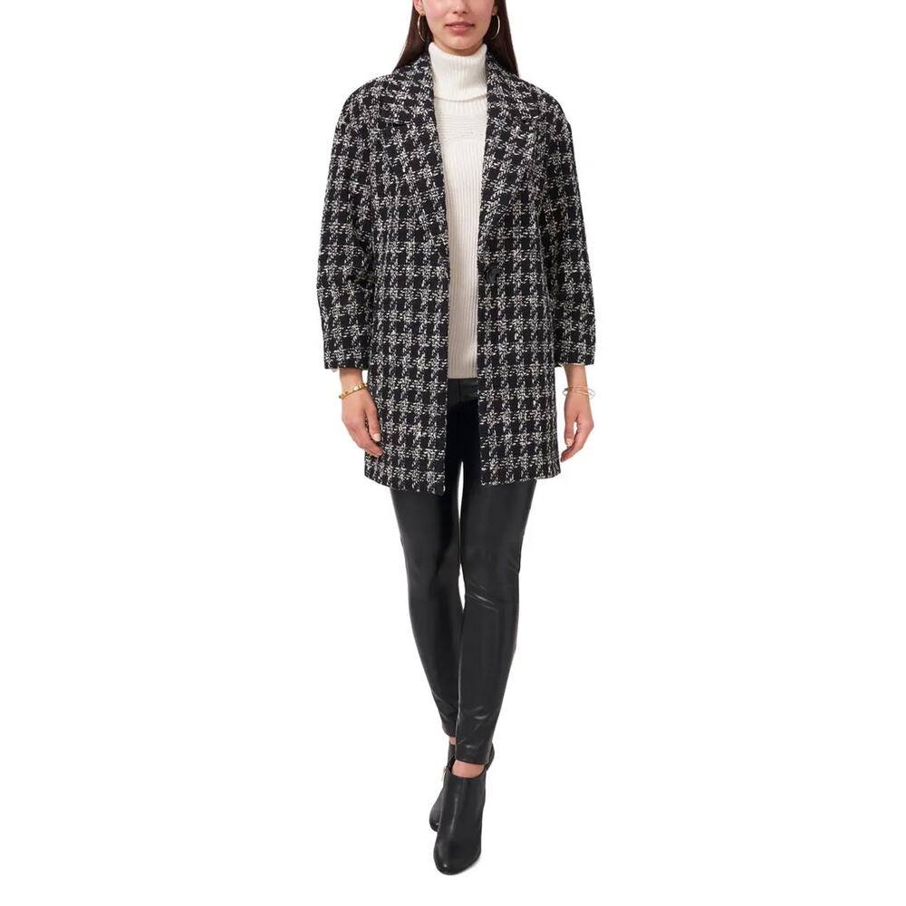 Vince Camuto Women Black Melange Houndstooth Cotton Classic Tweedy Jacket Size S